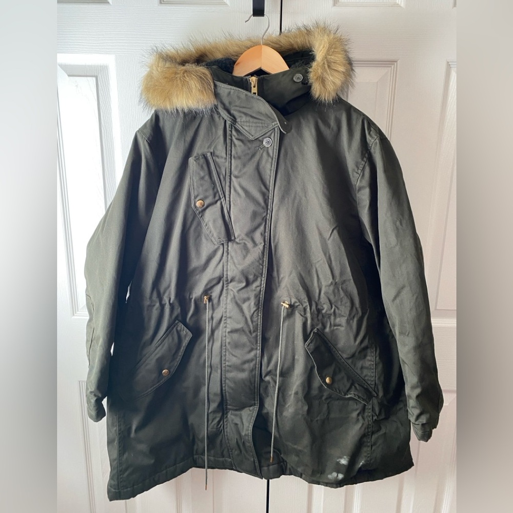 J. CREW Olive Green Waxed Cotton Twill Primaloft New Perfect Winter Parka 3X